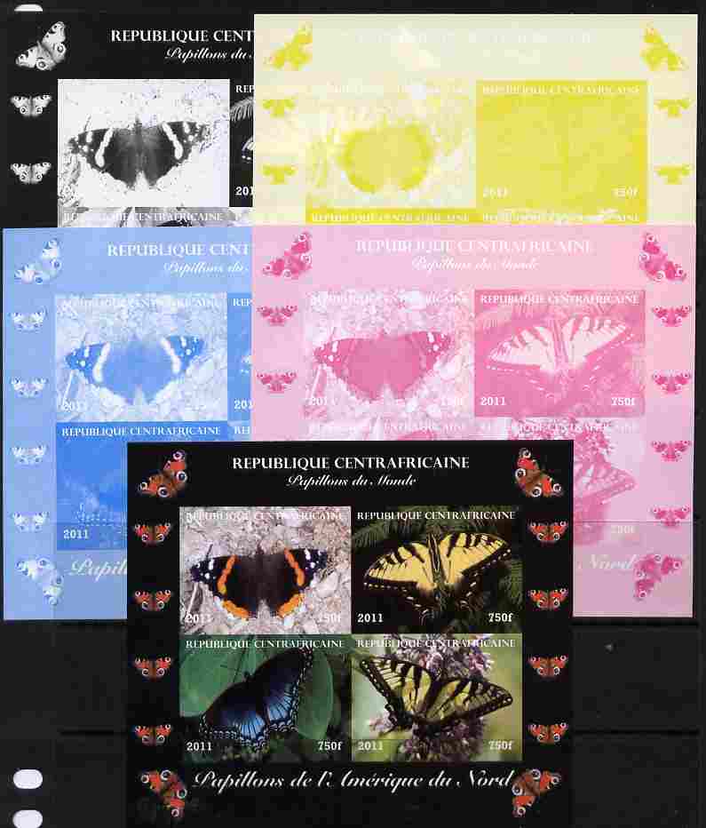 Central African Republic 2011 Butterflies of the World - North America sheetlet containing 4 values - the set of 5 imperf progressive proofs comprising the 4 individual colours plus all 4-colour composite, unmounted mint , stamps on butterflies