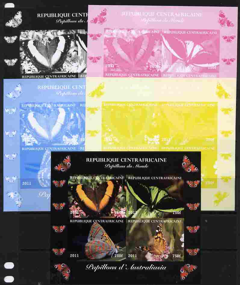 Central African Republic 2011 Butterflies of the World - Australasia sheetlet containing 4 values - the set of 5 imperf progressive proofs comprising the 4 individual colours plus all 4-colour composite, unmounted mint , stamps on butterflies