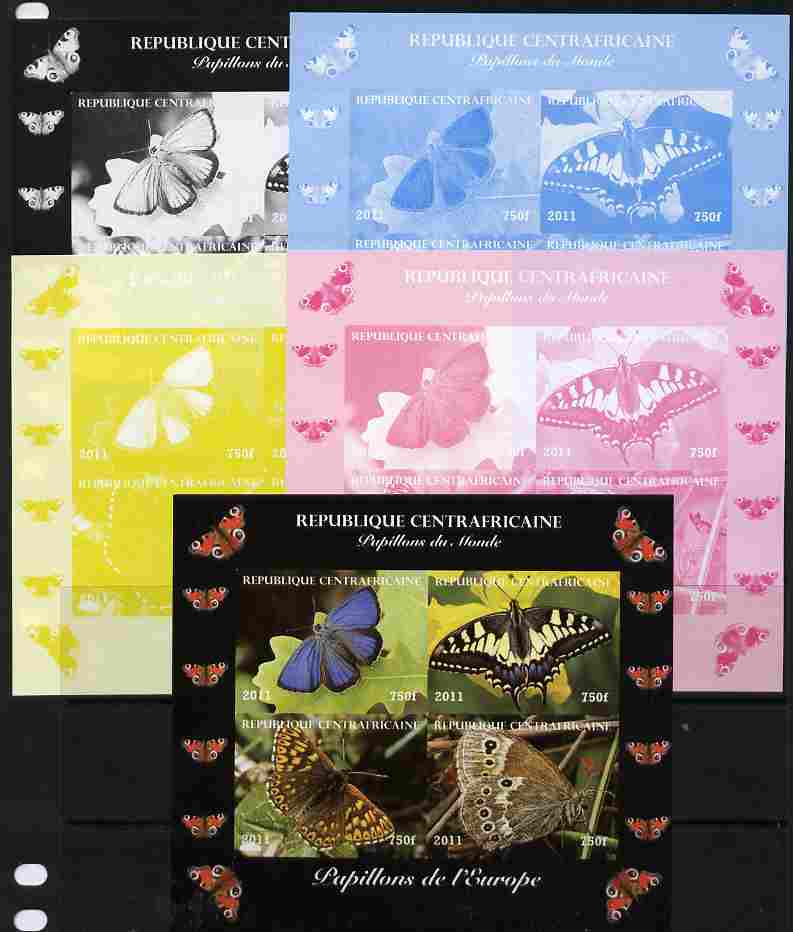 Central African Republic 2011 Butterflies of the World - Europe sheetlet containing 4 values - the set of 5 imperf progressive proofs comprising the 4 individual colours plus all 4-colour composite, unmounted mint , stamps on butterflies
