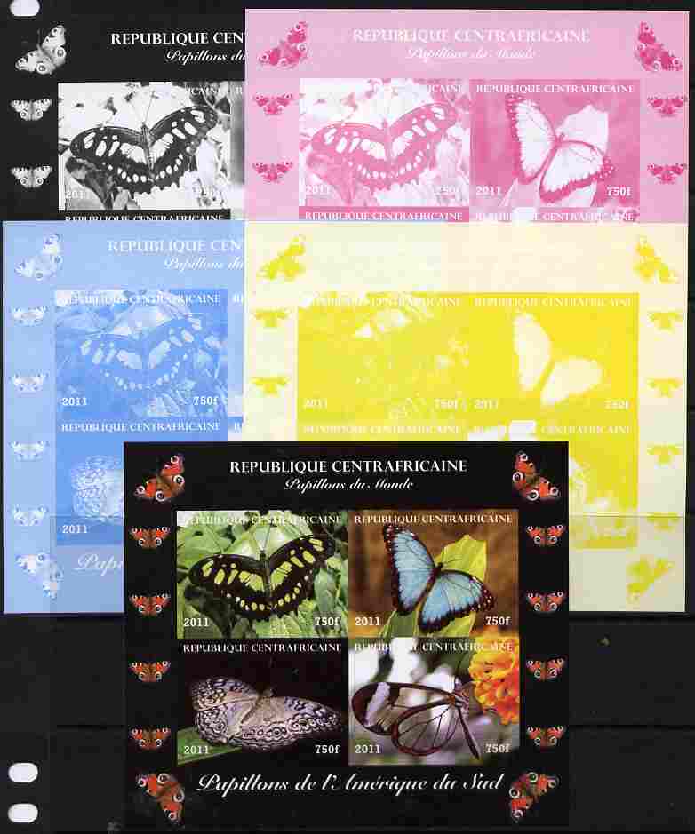 Central African Republic 2011 Butterflies of the World - South America sheetlet containing 4 values - the set of 5 imperf progressive proofs comprising the 4 individual c..., stamps on butterflies