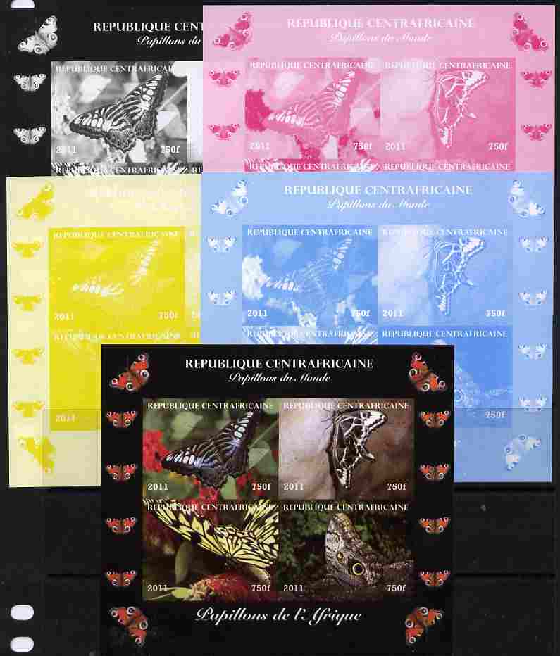Central African Republic 2011 Butterflies of the World - Africa sheetlet containing 4 values - the set of 5 imperf progressive proofs comprising the 4 individual colours plus all 4-colour composite, unmounted mint , stamps on butterflies