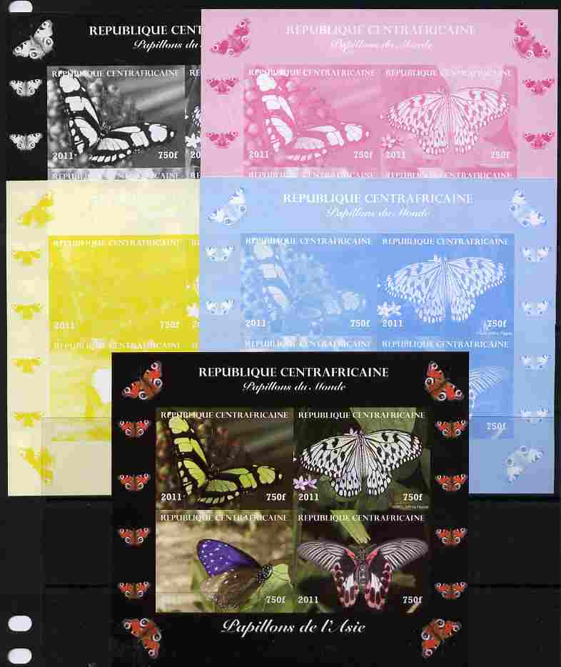 Central African Republic 2011 Butterflies of the World - Asia sheetlet containing 4 values - the set of 5 imperf progressive proofs comprising the 4 individual colours plus all 4-colour composite, unmounted mint , stamps on , stamps on  stamps on butterflies