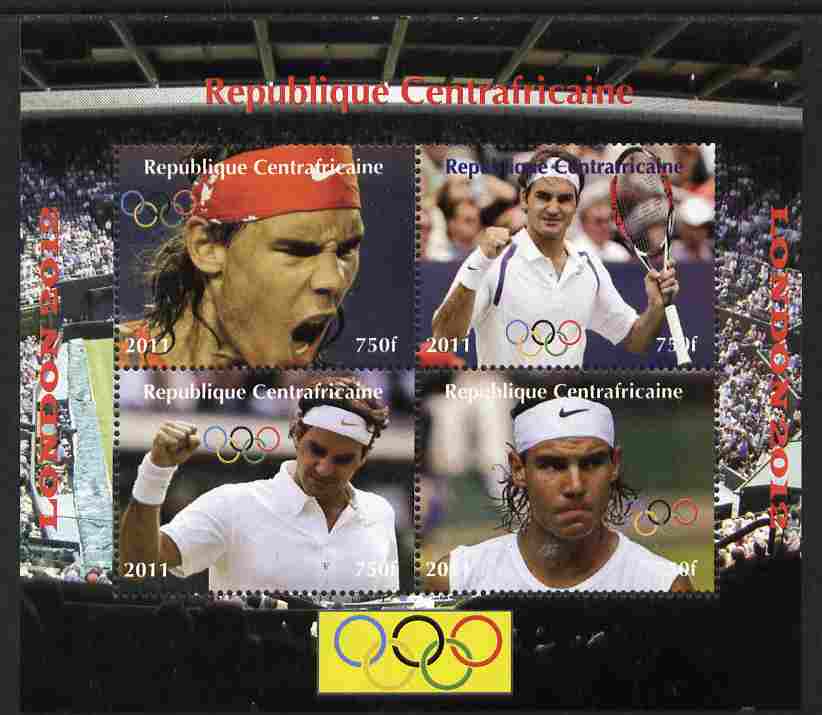 Central African Republic 2011 London Olympics - Tennis (Federer & Nadal) perf sheetlet containing 4 values unmounted mint. Note this item is privately produced and is offered purely on its thematic appeal, stamps on olympics, stamps on tennis, stamps on federer, stamps on nadal