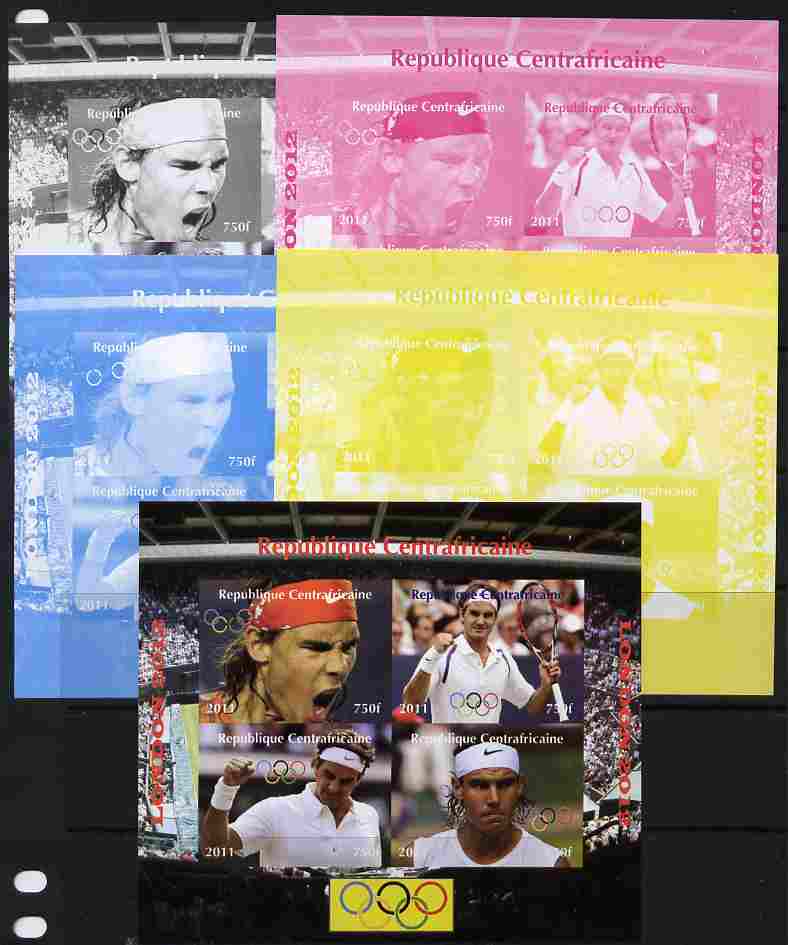 Central African Republic 2011 London Olympics - Tennis (Federer & Nadal) sheetlet containing 4 values - the set of 5 imperf progressive proofs comprising the 4 individual colours plus all 4-colour composite, unmounted mint , stamps on , stamps on  stamps on olympics, stamps on  stamps on tennis, stamps on  stamps on federer, stamps on  stamps on nadal