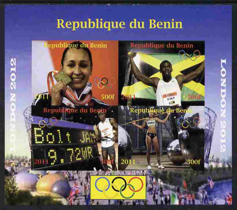 Benin 2011 London 2012 Olympics - Athletics (Jessica Ennis & Eugene Bolt) imperf sheetlet containing 4 values unmounted mint. Note this item is privately produced and is ..., stamps on olympics, stamps on athletics, stamps on running, stamps on javelin