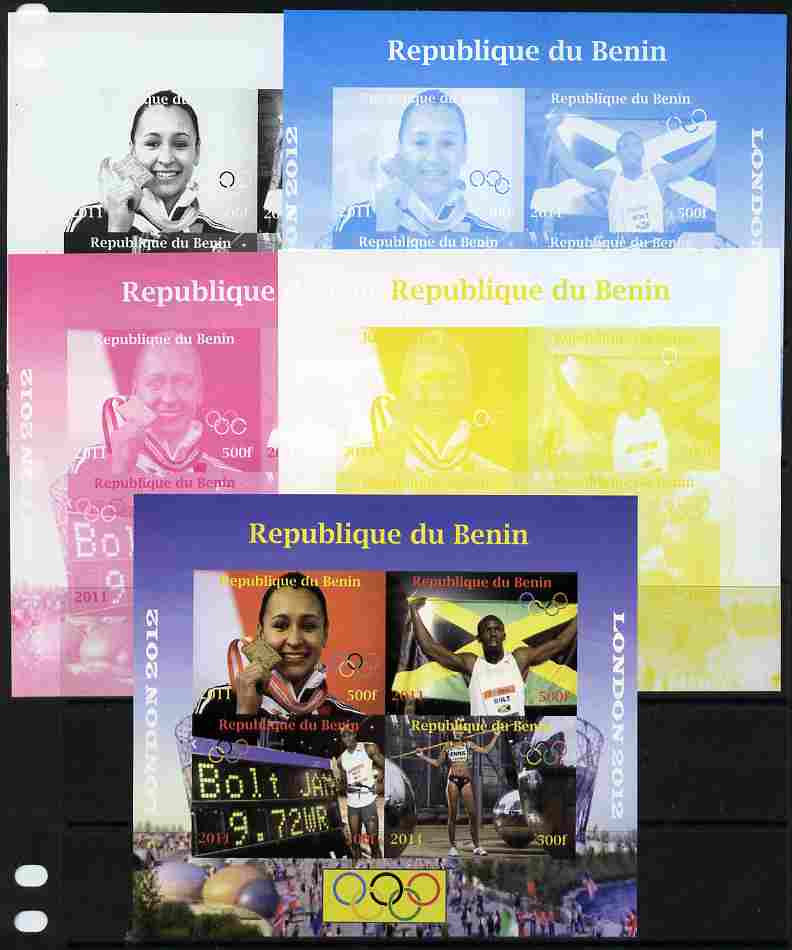 Benin 2011 London 2012 Olympics - Athletics (Jessica Ennis & Eugene Bolt) sheetlet containing 4 values - the set of 5 imperf progressive proofs comprising the 4 individual colours plus all 4-colour composite, unmounted mint , stamps on olympics, stamps on athletics, stamps on running, stamps on javelin
