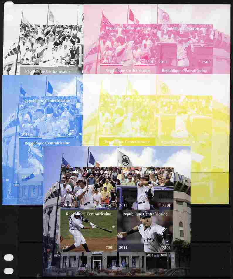Central African Republic 2011 Baseball sheetlet containing 4 values - the set of 5 imperf progressive proofs comprising the 4 individual colours plus all 4-colour composite, unmounted mint , stamps on , stamps on  stamps on sport, stamps on  stamps on baseball