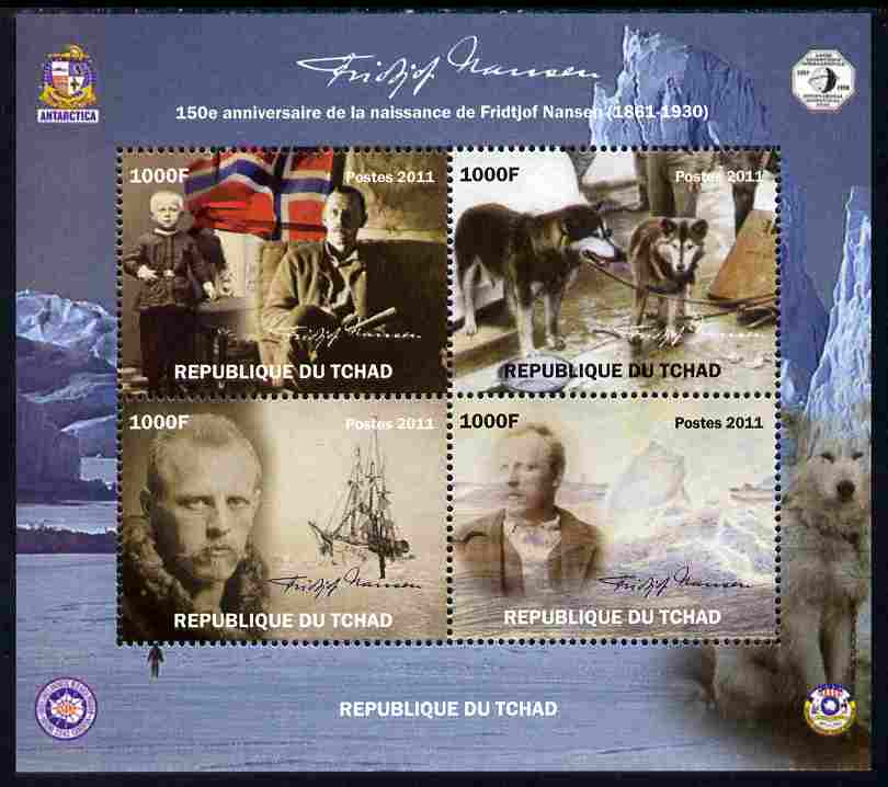 Chad 2011 150th Birth Anniversary of Fridtjof Nansen (polar explorer) perf sheetlet containing 4 values unmounted mint. Note this item is privately produced and is offered purely on its thematic appeal, stamps on personalities, stamps on polar, stamps on explorers, stamps on dogs.ships, stamps on flags