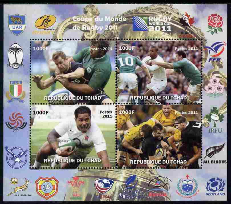 Chad 2011 Rugby World Cup perf sheetlet containing 4 values unmounted mint. Note this item is privately produced and is offered purely on its thematic appeal, stamps on sport, stamps on rugby