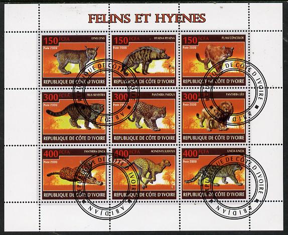 Ivory Coast 2009 Big cats & Hyenas perf sheetlet containing 9 values fine cto used, stamps on animals, stamps on cats, stamps on dogs, stamps on lions, stamps on 