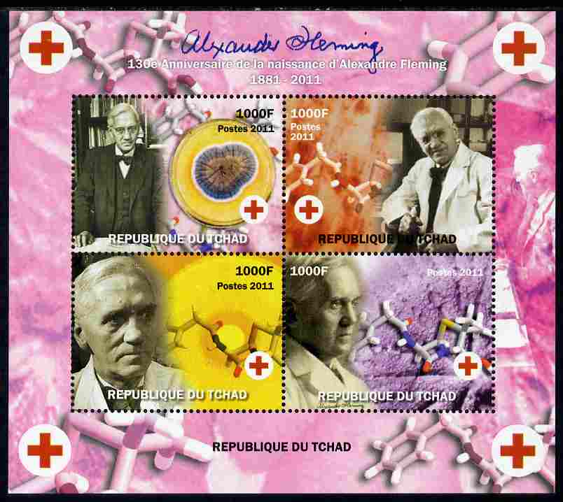 Chad 2011 130th Birth Anniversary of Alexander Fleming (biologist) perf sheetlet containing 4 values unmounted mint. Note this item is privately produced and is offered purely on its thematic appeal, stamps on personalities, stamps on science, stamps on biology, stamps on medical, stamps on 