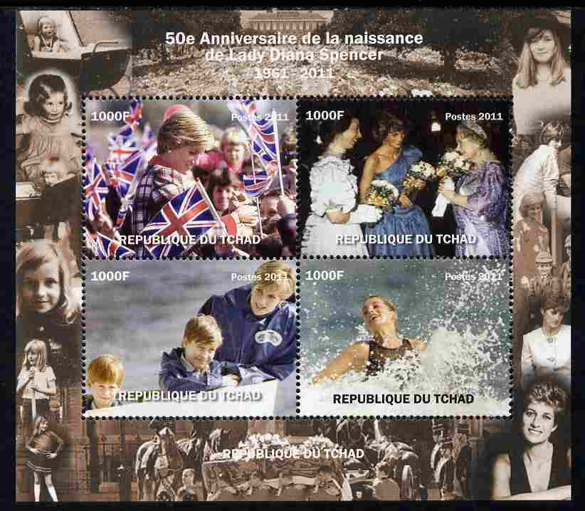 Chad 2011 50th Birth Anniversary of Princess Diana perf sheetlet containing 4 values unmounted mint. Note this item is privately produced and is offered purely on its the..., stamps on personalities, stamps on diana, stamps on royalty, stamps on william, stamps on harry