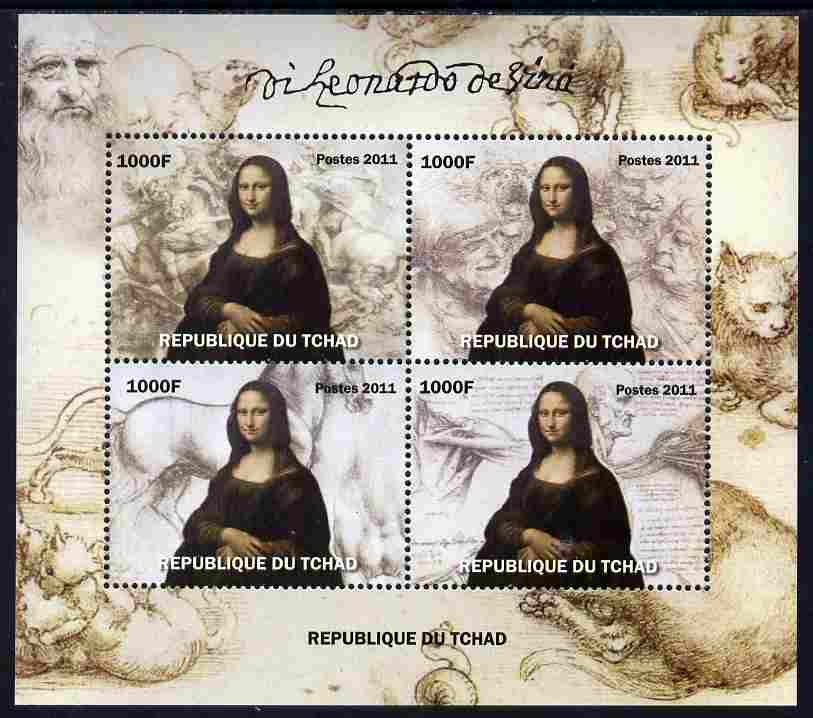 Chad 2011 Leonardo da Vinci perf sheetlet containing 4 values unmounted mint. Note this item is privately produced and is offered purely on its thematic appeal, stamps on personalities, stamps on leonardo, stamps on da vinci, stamps on arts, stamps on science, stamps on maths, stamps on sculpture, stamps on inventor