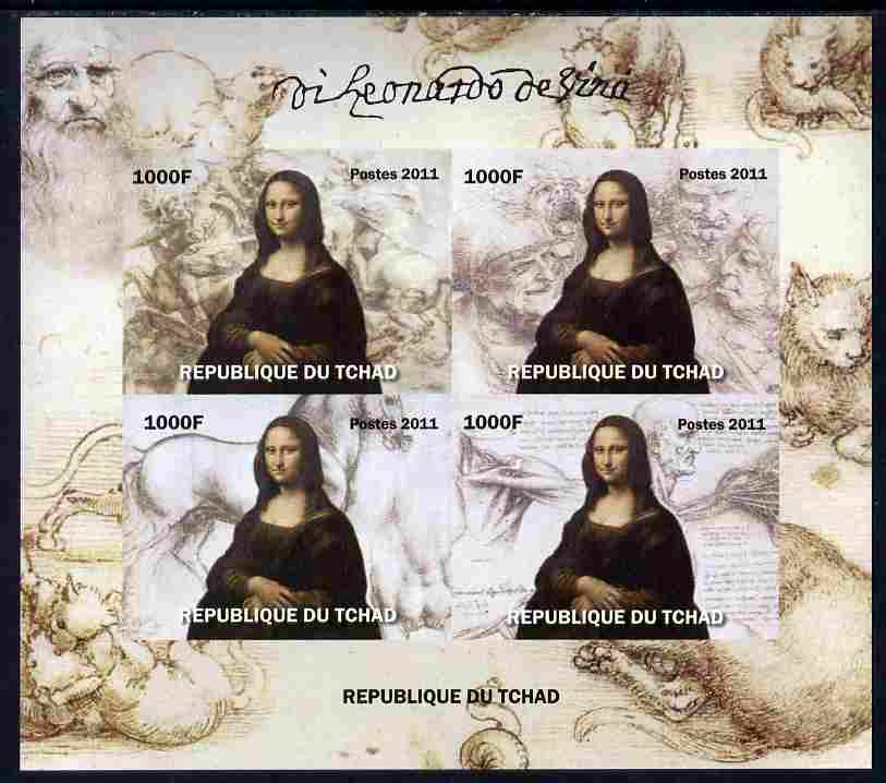 Chad 2011 Leonardo da Vinci imperf sheetlet containing 4 values unmounted mint. Note this item is privately produced and is offered purely on its thematic appeal, stamps on personalities, stamps on leonardo, stamps on da vinci, stamps on arts, stamps on science, stamps on maths, stamps on sculpture, stamps on inventor