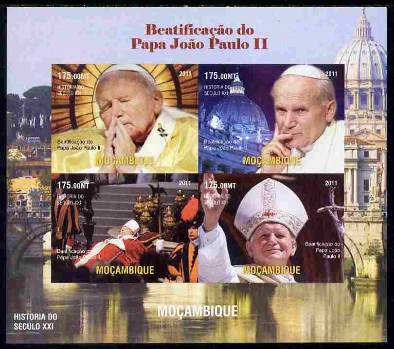 Mozambique 2011 Beatification of Pope John Paul II imperf sheetlet containing 4 values unmounted mint, stamps on personalities, stamps on pope, stamps on popes, stamps on religion, stamps on 