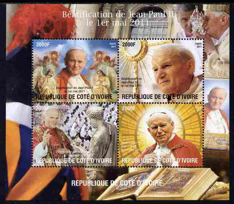 Ivory Coast 2011 Beatification of Pope John Paul II perf sheetlet containing 4 values unmounted mint. Note this item is privately produced and is offered purely on its thematic appeal, stamps on personalities, stamps on pope, stamps on popes, stamps on religion, stamps on 