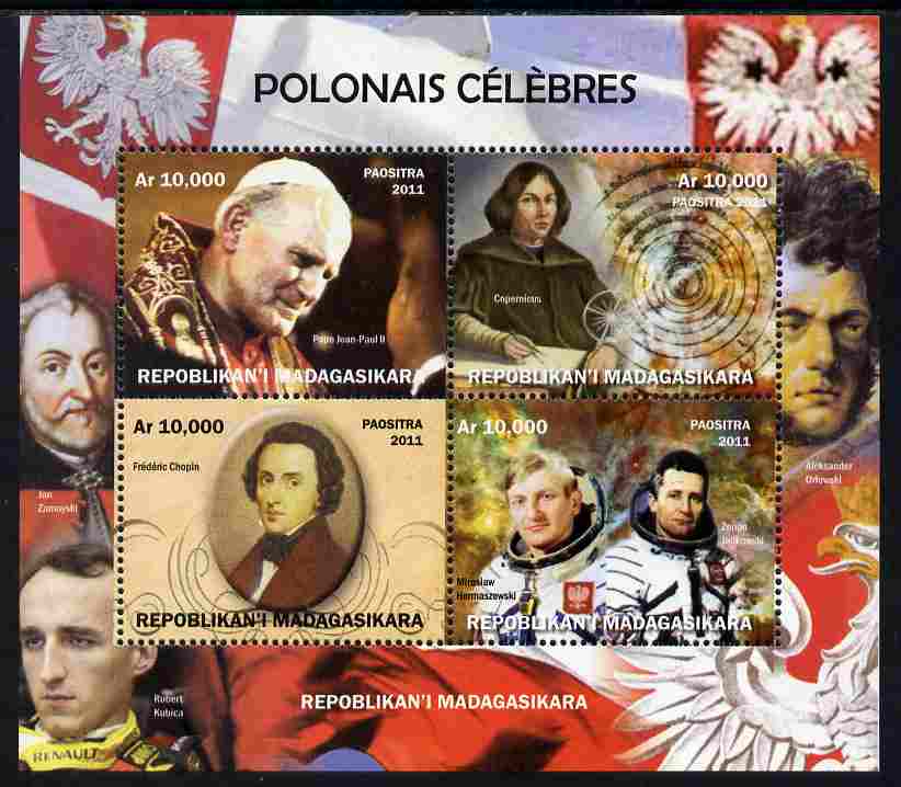 Madagascar 2011 Polish Celebrities perf sheetlet containing 4 values unmounted mint. Note this item is privately produced and is offered purely on its thematic appeal, stamps on personalities, stamps on pope, stamps on popes, stamps on religion, stamps on chopin, stamps on music, stamps on composers, stamps on copernicus, stamps on space