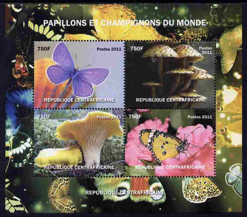 Central African Republic 2011 Butterflies & Mushrooms #2 perf sheetlet containing 4 values unmounted mint. Note this item is privately produced and is offered purely on i..., stamps on butterflies, stamps on fungi