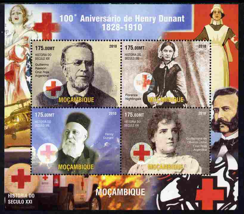 Mozambique 2011 Death Centenary of Henry Dunant perf sheetlet containing 4 values unmounted mint. Note this item is privately produced and is offered purely on its thematic appeal, stamps on personalities, stamps on dunant, stamps on red cross, stamps on nobel, stamps on peace, stamps on medical, stamps on nurses, stamps on nursing