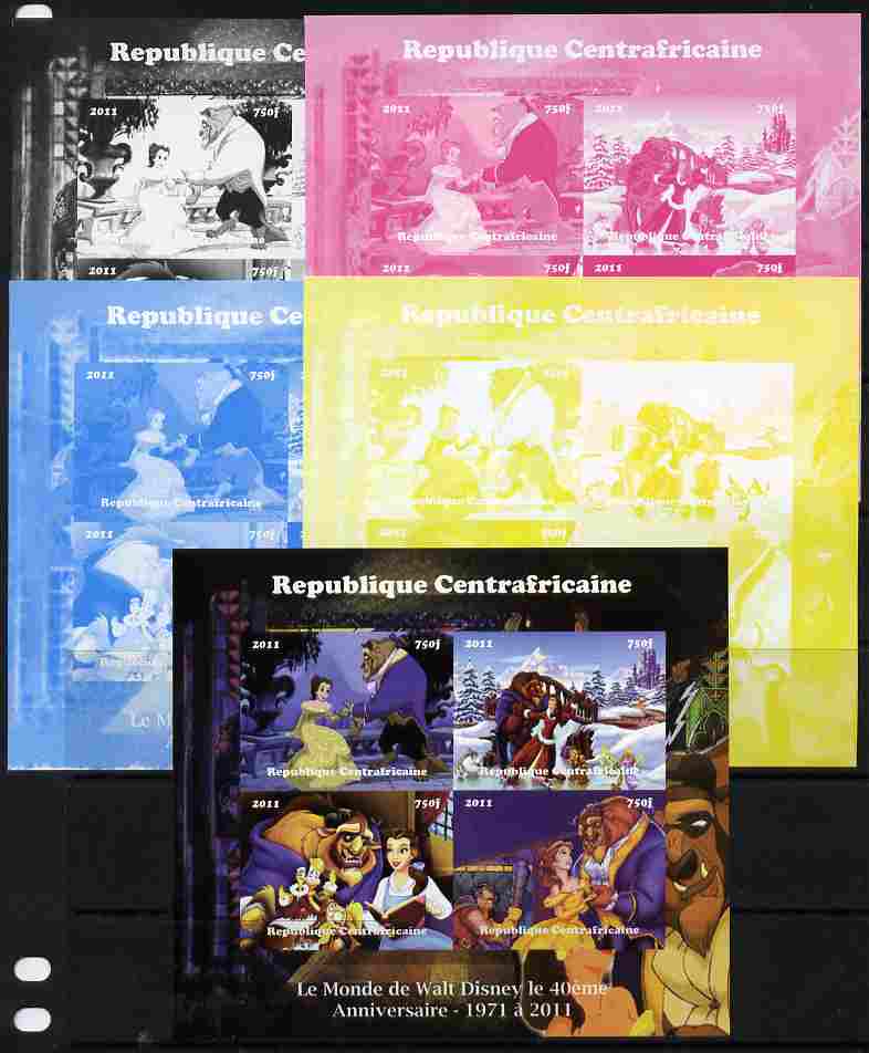 Central African Republic 2011 The World of Walt Disney #1 sheetlet containing 4 values - the set of 5 imperf progressive proofs comprising the 4 individual colours plus all 4-colour composite, unmounted mint , stamps on disney, stamps on movies, stamps on cinema, stamps on films