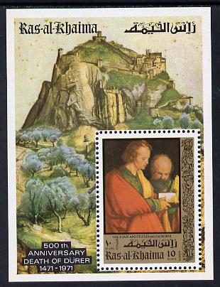 Ras Al Khaima 1971 Paintings by Durer (with Owl in margin) perf m/sheet unmounted mint Mi BL 106, stamps on arts, stamps on birds, stamps on owls, stamps on birds of prey, stamps on durer, stamps on renaissance