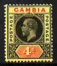 Gambia 1912-22 KG5 MCA 4d black & red on pale yellow mounted mint SG 92, stamps on , stamps on  kg5 , stamps on 