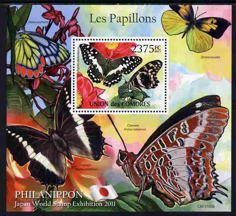 Comoro Islands 2011 Butterflies #2 perf m/sheet unmounted mint with Philanippon imprint in margin, stamps on butterflies, stamps on stamp exhibitions
