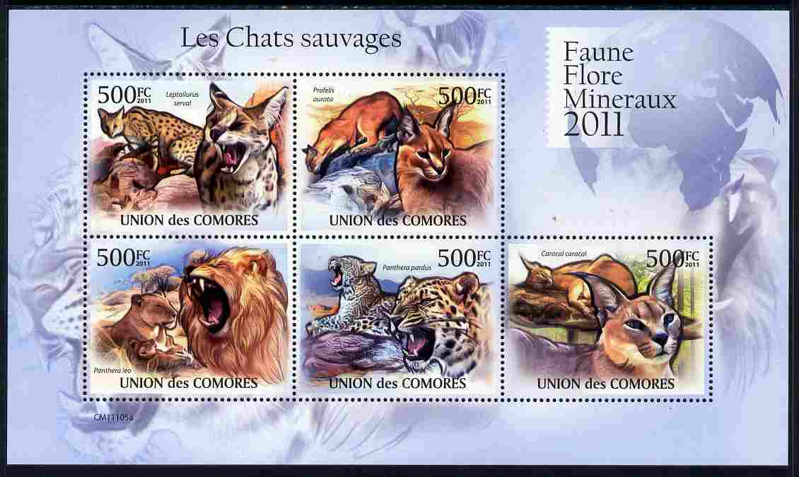 Comoro Islands 2011 Wild Cats perf sheetlet containing 5 values unmounted mint, stamps on , stamps on  stamps on cats, stamps on  stamps on lions