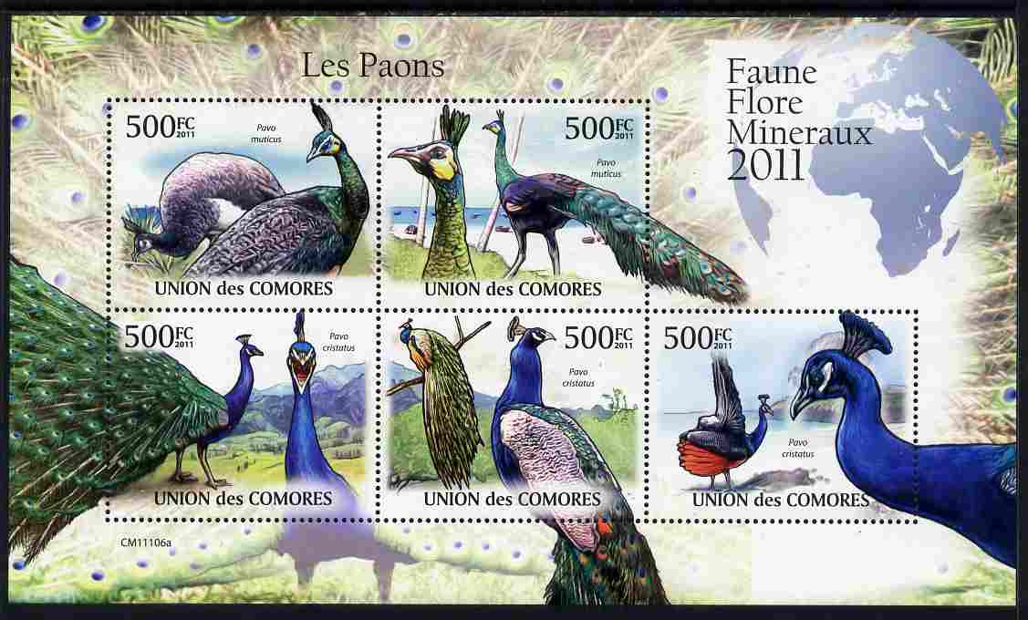 Comoro Islands 2011 Peacocks perf sheetlet containing 5 values unmounted mint, stamps on birds, stamps on peacocks
