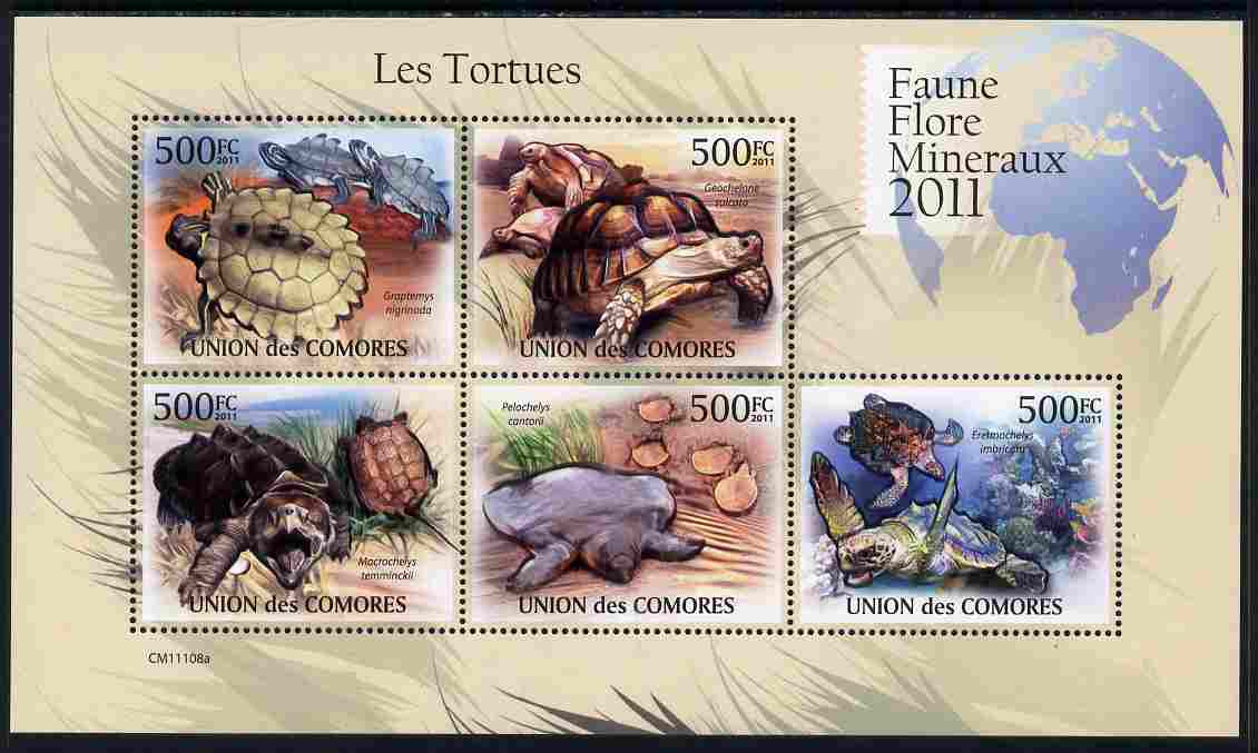 Comoro Islands 2011 Turtles perf sheetlet containing 5 values unmounted mint, stamps on reptiles, stamps on turtles