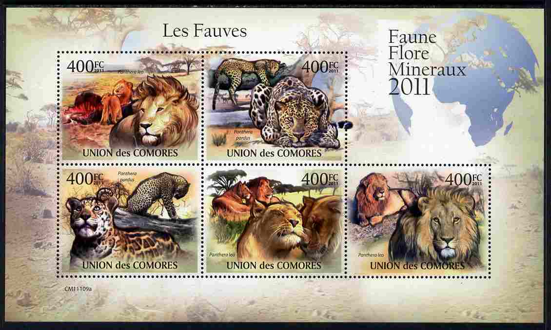 Comoro Islands 2011 Big Cats perf sheetlet containing 5 values unmounted mint, stamps on cats, stamps on lions