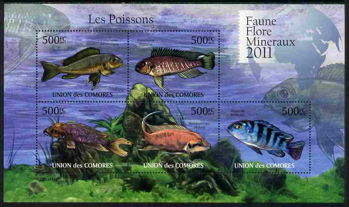 Comoro Islands 2011 Fish perf sheetlet containing 5 values unmounted mint, stamps on , stamps on  stamps on fish