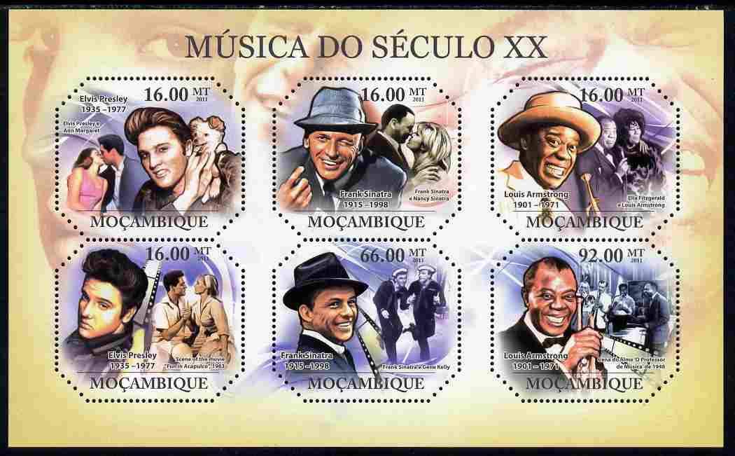 Mozambique 2011 Music of the 20th Century perf sheetlet containing 6 values unmounted mint, stamps on music, stamps on personalities, stamps on elvis, stamps on rock, stamps on pops, stamps on sinatra, stamps on jazz, stamps on armstrong, stamps on ella, stamps on 