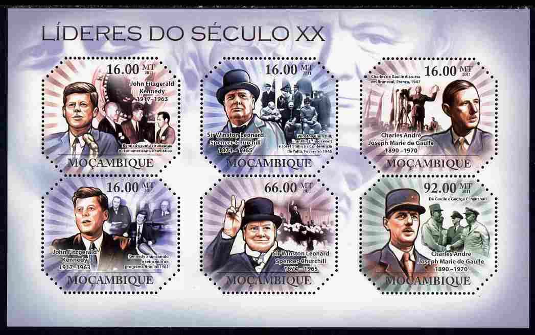 Mozambique 2011 Leaders of the 20th Century #1 perf sheetlet containing 6 values unmounted mint, stamps on personalities, stamps on churchill, stamps on constitutions, stamps on  ww2 , stamps on masonry, stamps on masonics, stamps on kennedy, stamps on usa presidents, stamps on americana, stamps on de gaulle, stamps on  ww2 , stamps on militaria