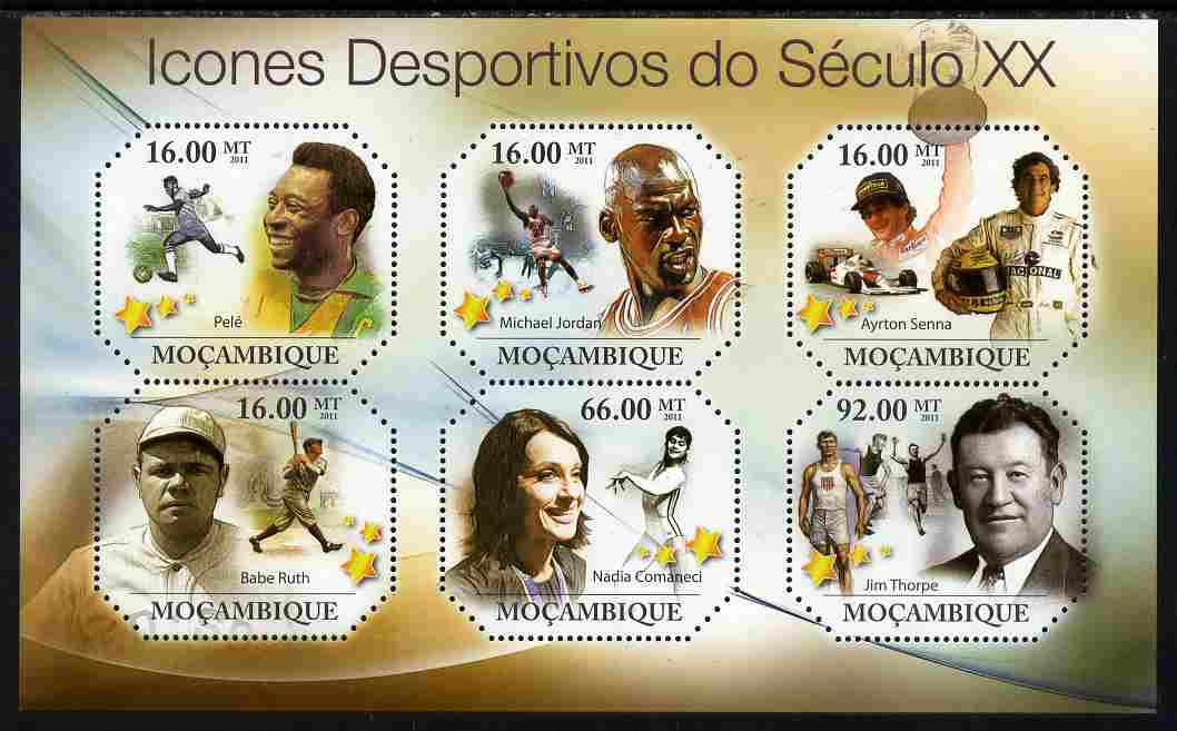Mozambique 2011 Sporting Icons of the 20th Century perf sheetlet containing 6 values unmounted mint, stamps on personalities, stamps on sport, stamps on football, stamps on pele, stamps on basketball, stamps on jordan, stamps on senna, stamps on formula 1, stamps on  f1 , stamps on baseball, stamps on gymnastics, stamps on  gym , stamps on athlketics, stamps on 