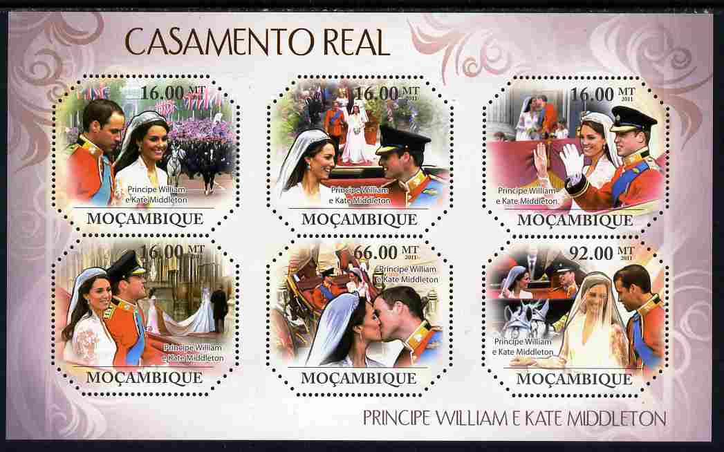 Mozambique 2011 Royal Wedding (William & Kate) perf sheetlet containing 6 values unmounted mint, stamps on personalities, stamps on royalty, stamps on royal wedding, stamps on william, stamps on kate, stamps on police