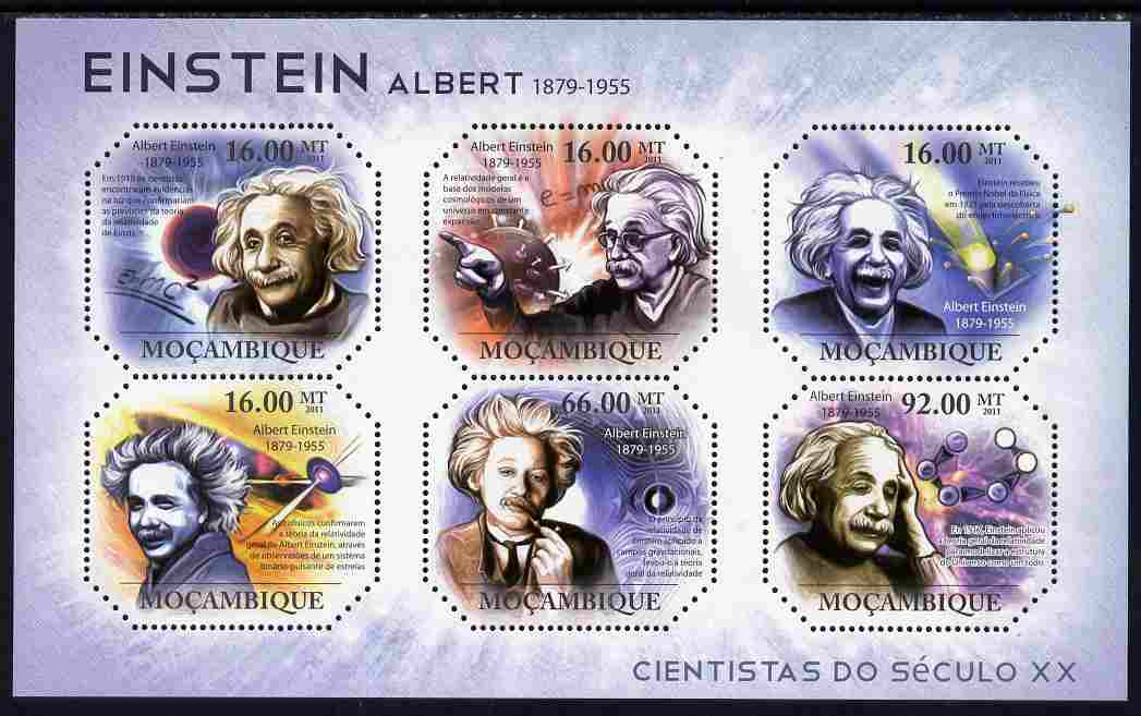 Mozambique 2011 Albert Einstein perf sheetlet containing 6 values unmounted mint, stamps on personalities, stamps on einstein, stamps on science, stamps on physics, stamps on nobel, stamps on maths, stamps on space, stamps on judaica, stamps on atomics, stamps on mathematics, stamps on judaism