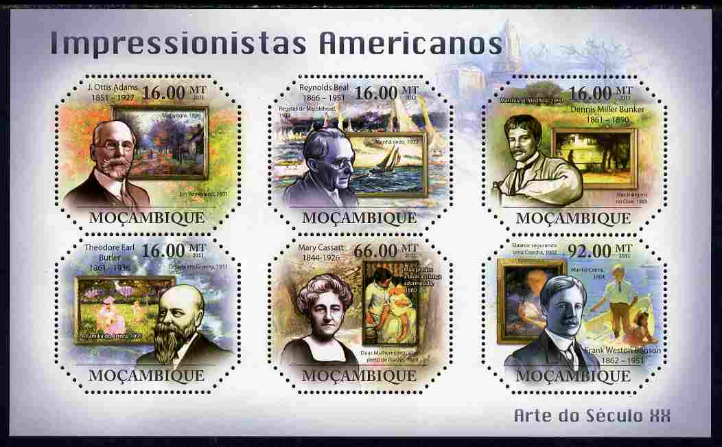 Mozambique 2011 American Impressionists perf sheetlet containing 6 values unmounted mint, stamps on personalities, stamps on arts, stamps on americana