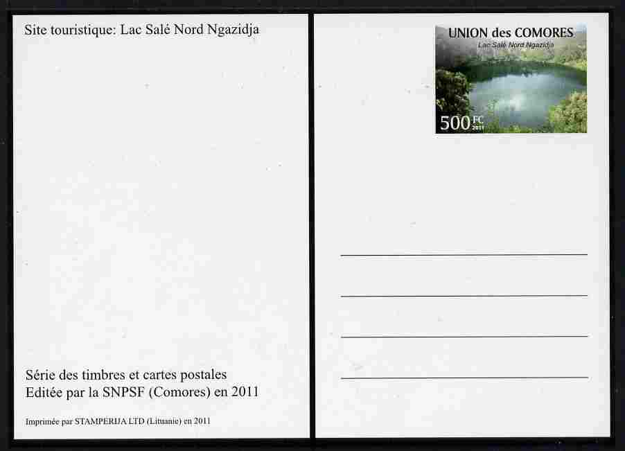 Comoro Islands 2011 Tourism 500f postal stationery card (Lac Sale Nord Ngazidja) unused and pristine, stamps on tourism