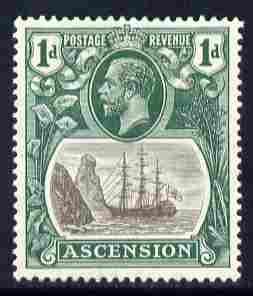 Ascension 1924-33 KG5 Badge 1d grey & bright blue-green single with variety Damage to rigging on main mast below first yardarm, (stamp 7) mounted mint SG 11dvar, stamps on , stamps on  kg5 , stamps on ships
