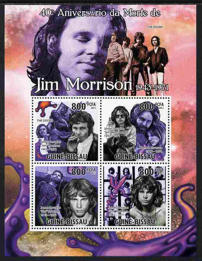Guinea - Bissau 2011 40th Death Anniversary of Jim Morrison perf sheetlet containing 4 values unmounted mint Michel 5278-81, stamps on personalities, stamps on music, stamps on pops, stamps on rock, stamps on drugs