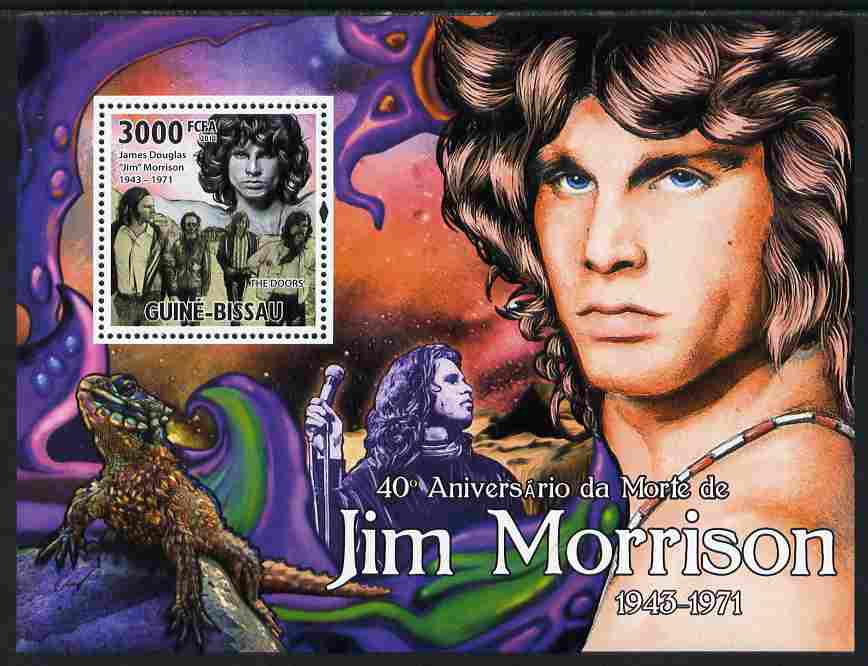 Guinea - Bissau 2011 40th Death Anniversary of Jim Morrison perf s/sheet unmounted mint Michel BL 904, stamps on personalities, stamps on music, stamps on pops, stamps on rock, stamps on drugs, stamps on dinosaurs