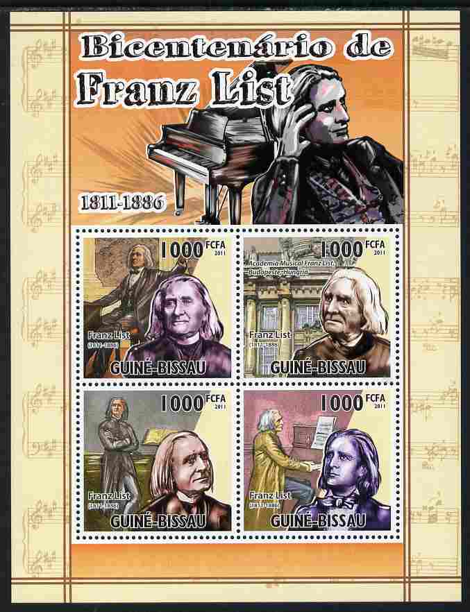 Guinea - Bissau 2011 Bicentenary of Birth of Franz Liszt perf sheetlet containing 4 values unmounted mint Michel 5328-31, stamps on personalities, stamps on music, stamps on composers, stamps on liszt