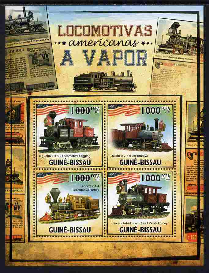 Guinea - Bissau 2011 American Steam Locomotives perf sheetlet containing 4 values unmounted mint Michel 5323-26, stamps on railways, stamps on americana, stamps on flags