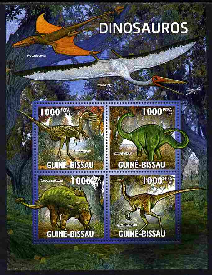 Guinea - Bissau 2011 Dinosaurs perf sheetlet containing 4 values unmounted mint Michel 5333-36, stamps on dinosaurs