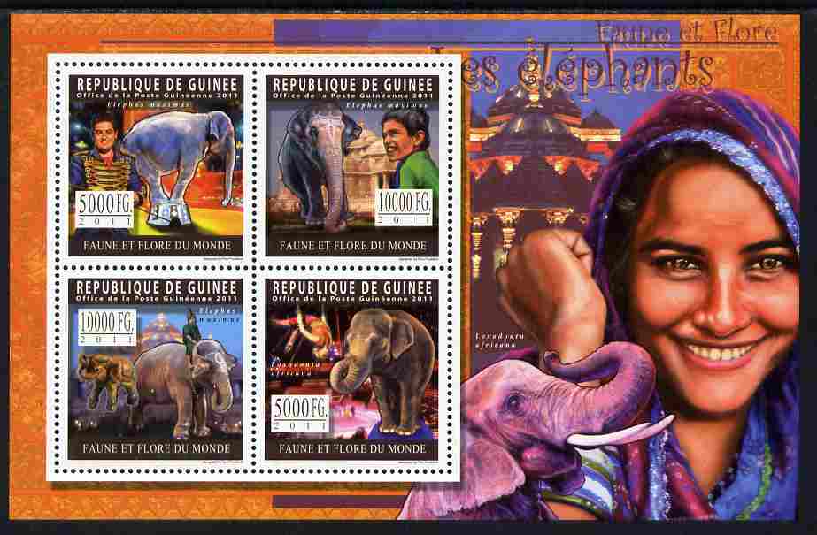 Guinea - Conakry 2011 Elephants perf sheetlet containing 4 values unmounted mint, stamps on animals, stamps on elephants, stamps on circus