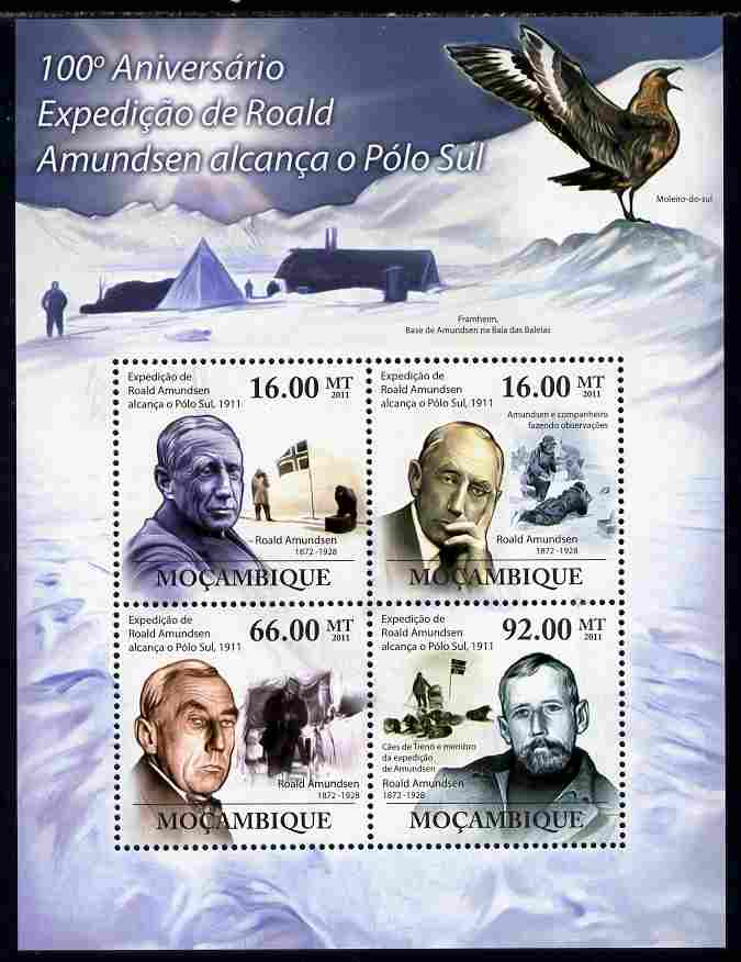 Mozambique 2011 Centenary of Roald Amundsen's Expedition to the South Pole perf sheetlet containing 4 values unmounted mint Michel 4494-97, stamps on personalities, stamps on polar, stamps on explorers, stamps on dogs, stamps on birds