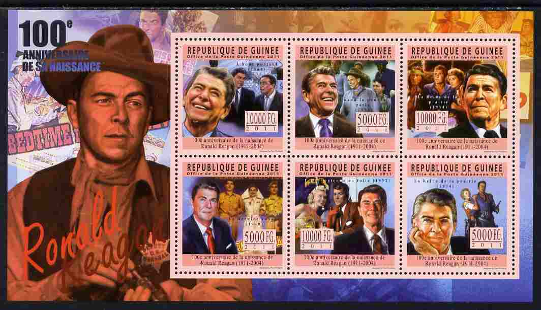 Guinea - Conakry 2011 Birth Centenary of Ronald Reagan perf sheetlet containing 6 values unmounted mint, stamps on personalities, stamps on reagan, stamps on usa presidents, stamps on films, stamps on cinema, stamps on movies, stamps on americana