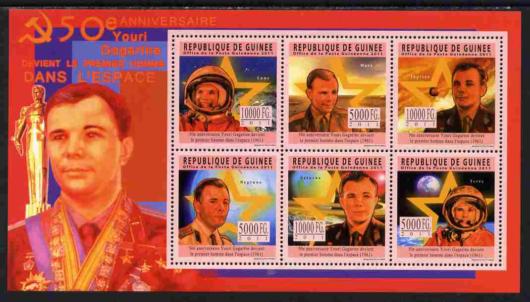 Guinea - Conakry 2011 50th Anniversary of First Man in Space perf sheetlet containing 6 values unmounted mint, stamps on , stamps on  stamps on personalities, stamps on  stamps on space, stamps on  stamps on gagarin, stamps on  stamps on 