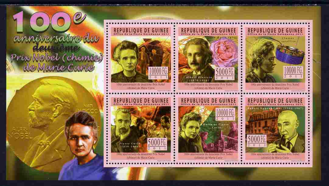 Guinea - Conakry 2011 Centenary of Second Nobel Prize for Marie Curie perf sheetlet containing 6 values unmounted mint, stamps on personalities, stamps on nobel, stamps on women, stamps on medical, stamps on physics, stamps on chemistry, stamps on cancer, stamps on diseases, stamps on einstein, stamps on judaica, stamps on judaism, stamps on maths, stamps on space, stamps on atomics, stamps on mathematics